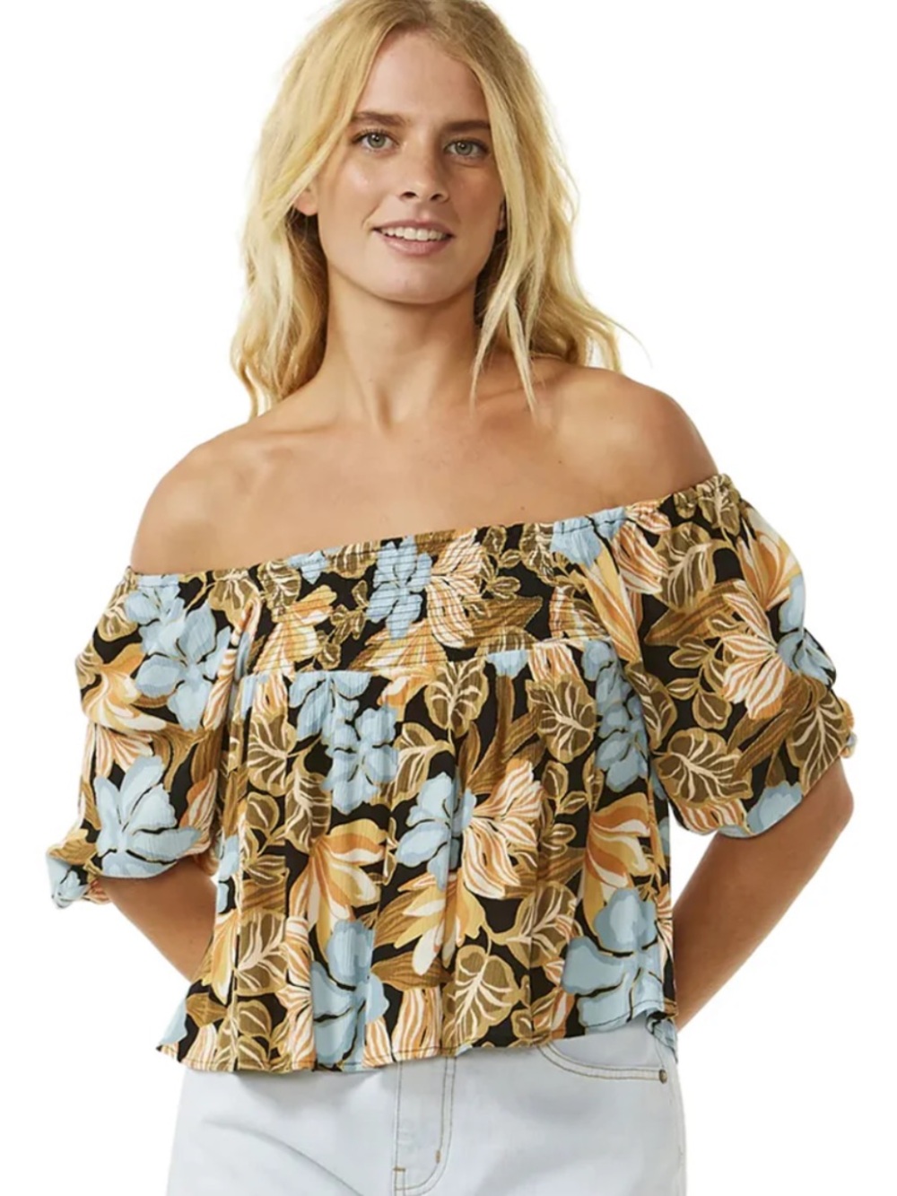 Rip Curl Floral Peasant Blouse in Black, Mustard & Light Blue